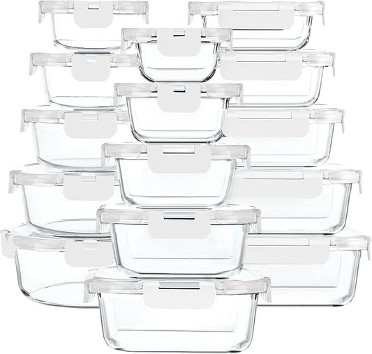 30 Pieces Glass Food Storage Containers with Upgraded Snap Locking Lids,Glass Meal Prep Containers Set - Airtight Lunch Containers, Microwave, Oven, Freezer and Dishwasher Friendly (White) by MMCIRCO