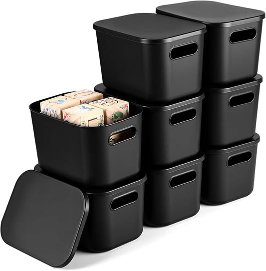 8 Pieces Colorful Storage Bins with Lid, Plastic Storage Basket Organizing Container Stackable Box with Handle for Shelves Desktop Playroom Office(9.8 x 7.1 x 6.3 Inch,Black) by Hoolerry