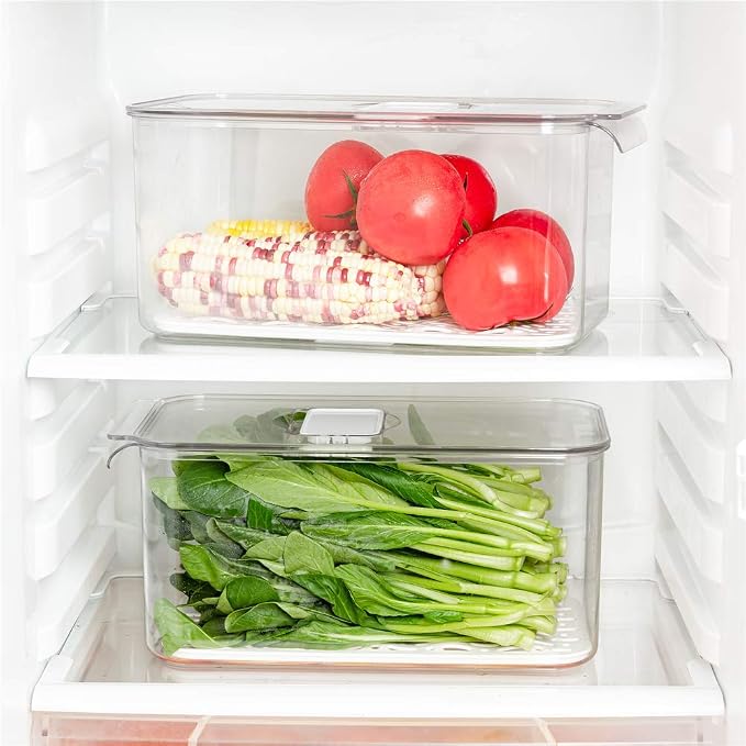 Slideep Refrigerator Food Storage Containers, Lettuce Keeper Large Produce Saver Stackable Container with Lids & Removable Drain Tray, Clear Veggie Fruit Salad Lettuce Container -2 Pack - Image 7