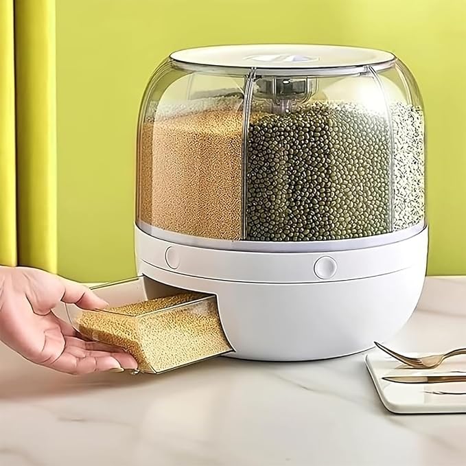 Rotating Grain Storage Bin 6 Grids Rice Container One-Click Output Large Capacity Food Dispenser For Rice Grains Sealed Moisture Proof Organizer (Grey) (Large) - Image 7