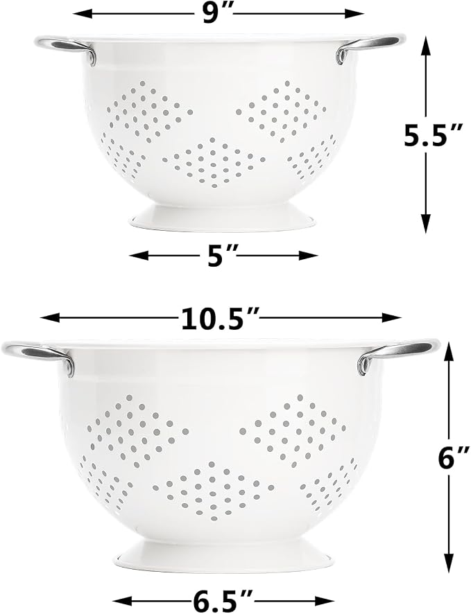 Powder Coated Steel Colanders: 3 Quart and 5 Quart Set of 2 - White | metal Pasta&Vegetable Strainer，Ergonomic Side Handles，Space-Saving Nesting Design - Image 2