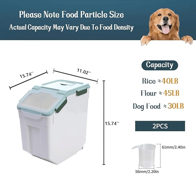 2 Pack 50 lb Airtight Flour Storage Containers with Wheels, Green | Large Rice Bin, Seal Locking Lid, BPA-Free, Includes Measuring Cup & Scoop, Kitchen Organization - Image 2