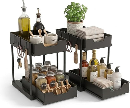 Set of 2 Under Sink Organizer, 2-Tier Black Plastic Storage Rack | Sliding Drawer, For Kitchen and Bathroom by Unknown