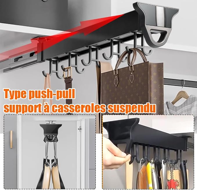22" Hanging Pot Racks for Kitchen, Pull Out Pot Organizer Rack | with 16 Hook, Pot and Pan Organizer for Under Cabinet, Metal Pot and Pan Hanging Rack, Aluminum Alloy Full-Extension Rail - Image 4