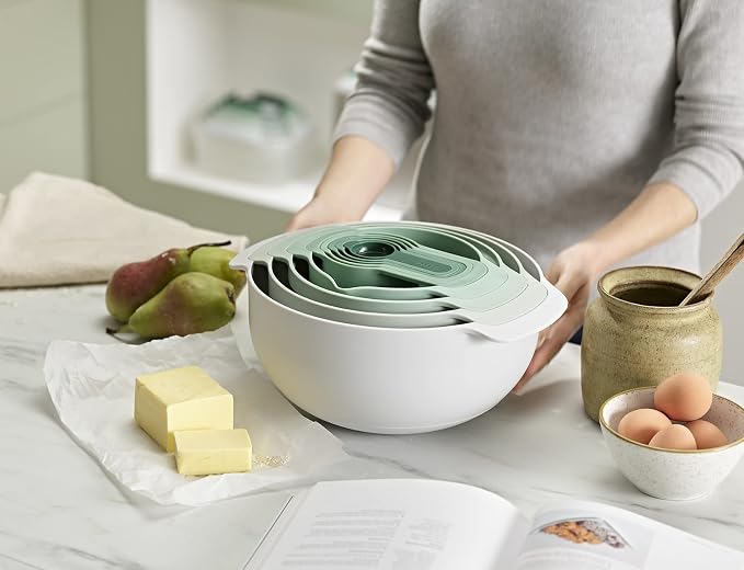 Joseph Joseph Nest 9 Plus, 9 Piece Compact Food Preparation Set with Mixing Bowls, Measuring cups, Sieve and Colander, Editions Range, Sage Green - Image 3