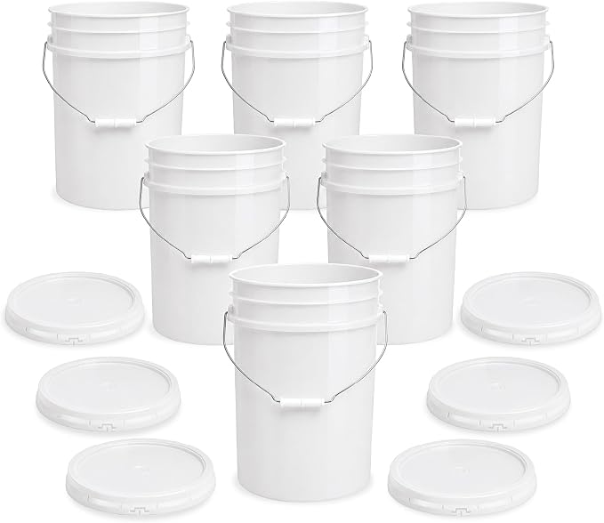 5 Gallon Bucket - Food Grade w/Lid BPA-Free,6 Pack -Natural | Airtight Gasketed Tear Strip Lid, Heavy-Duty 90 Mil HDPE Plastic Pail, Bulk Storage, Food Safe Durable Container, Made in USA by ePackageSupply
