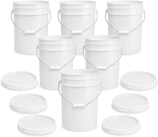 5 Gallon Bucket - Food Grade w/Lid BPA-Free,6 Pack -Natural | Airtight Gasketed Tear Strip Lid, Heavy-Duty 90 Mil HDPE Plastic Pail, Bulk Storage, Food Safe Durable Container, Made in USA by ePackageSupply