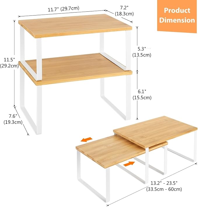 NEX Bamboo Kitchen Cabinet and Counter Shelf Organizer, Stackable & Expandable, Set of 4, White and Natural | Stackable & Expandable Spice Rack, Space-Saving Pantry Organizers Bathroom Countertop Storage, White and Natural - Image 3