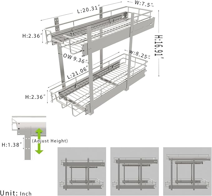 EZKAZA Pull Out Cabinet Organizer 9.5" W x 21" D, 2-Tier Kitchen Cabinet Pullout Shelf and Drawer Organizer Slide Out Pantry Storage Basket, 8.2" W x 21" D x 2.4" H for Bottom Basket Size - Image 3