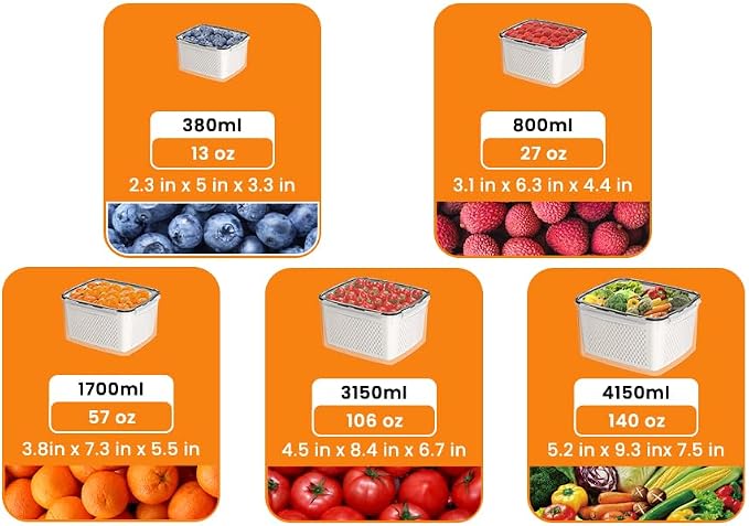 Fruit Storage Containers for Fridge - 5 PCS Poduce Containers for Fridge - with Removable Drain Basket - Keep Fruit Lettuce Berry Vegetables Meat Food Stay Fresher Longer - Image 2