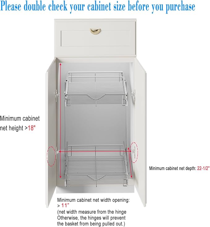 DINDON 2 Tier Pull Out Cabinet Organizer (11" W X 21" D), Double Tier Wire Basket Slide Out Shelf Storage for Kitchen Base Cabinet Organization ​for Kitchen, Pantry, Bathroom, Chrome - Image 3