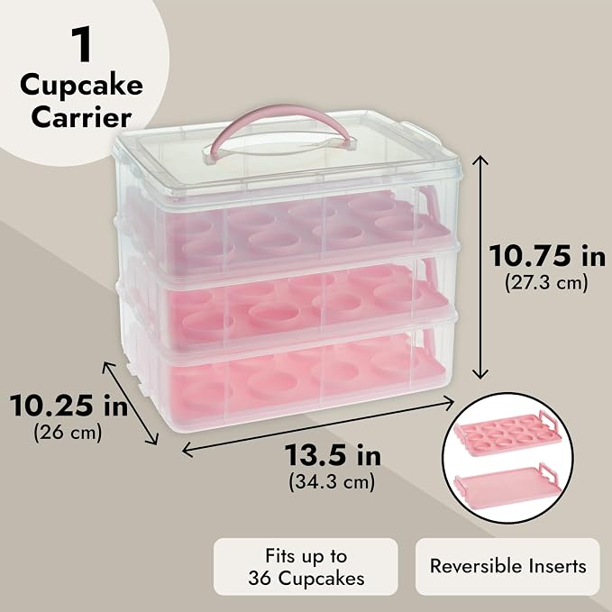 Juvale 3-Tier Cupcake Carrier - Airtight Plastic Container for Baking - Stackable Cupcake Containers & Removable Trays - Portable Cake Transport Holder - Holds 36, Pink, 13.5"x10.25"x10.75" - Image 4