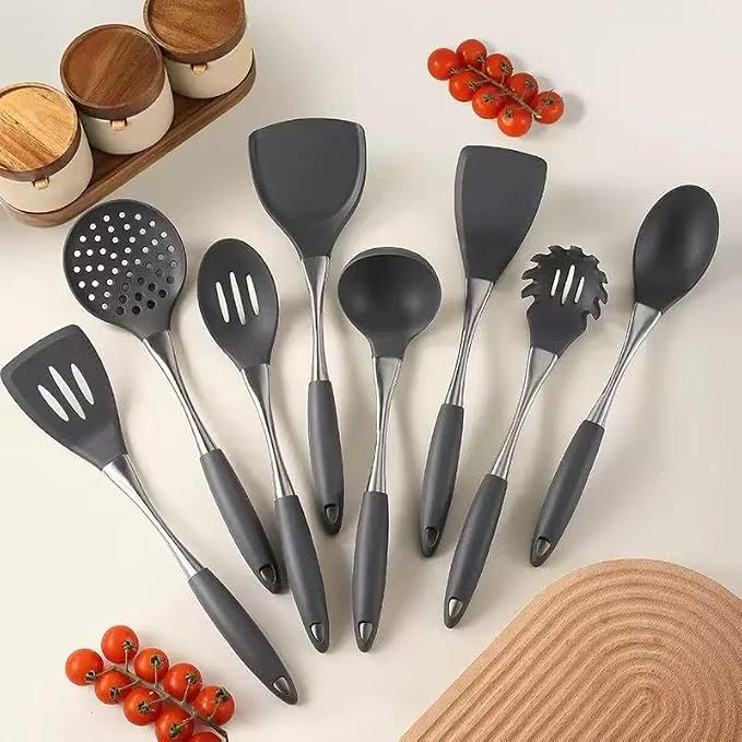 8-Piece Silicone Kitchen Utensil Set, Grey & silvery 304 Stainlss Steel, Heat Resistant Cooking Tools with Comfort Handles- Includes Spatula & Spoon for Nonstick Cookware (Grey & silvery) - Image 9