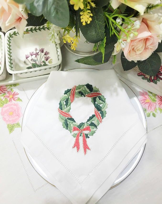 Embroidered Cotton Napkins Christmas 20x20 (Leaf Holly Wreath Christmas) - Image 5