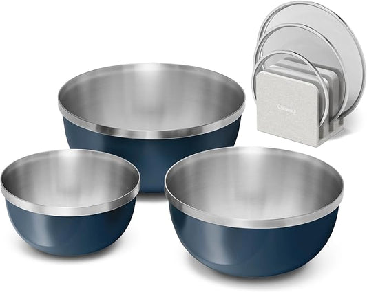 Caraway 7-Piece Mixing Bowl Set with Lids and Lid Storage Organizer | 6 qt, 4 qt, 2 qt Stainless Steel Bowls with Tempered Glass Lids, Non-Toxic, PFAS-Free, Navy by Unknown