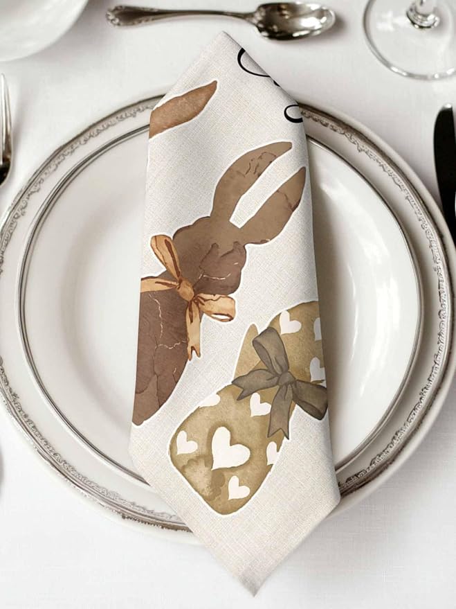 Kitchen Dinner Napkins Set of 8, Happy Easter Cloth Napkins Reusable Washable Table Napkins for Weddings Cocktail Parties Holiday Table Decor 20x20 Inch Brown Bunny Vintage Burlap Backdrop - Image 2