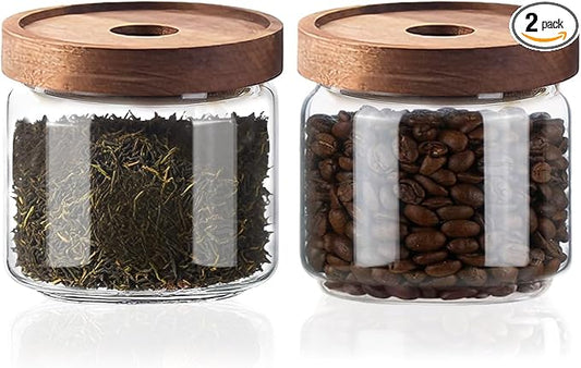 Glass Jars with Airtight Wood Lids - 11 oz Mini Kitchen Pantry Storage Containers, Stackable Decorative Canisters for Chia Seed, Sugar, Tea, Spice, Salt, Matcha, Nuts, Sauce, Cocoa powder, Set of 2 by PENGSHU