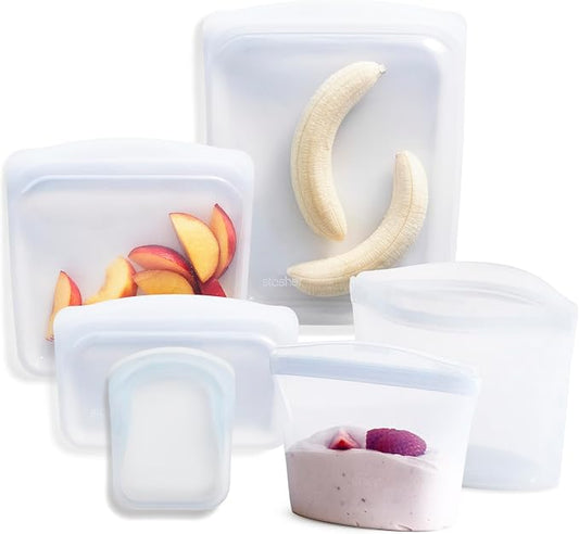 Stasher Premium Reusable Silicone Food Storage Bags, 6-Pack, Clear | Food-Safe Silicone, Eco-Friendly, Reusable Freezer Bags, Microwave, Dishwasher, Oven, Snack Bags, Lunch Containers, Meal Prep by Stasher