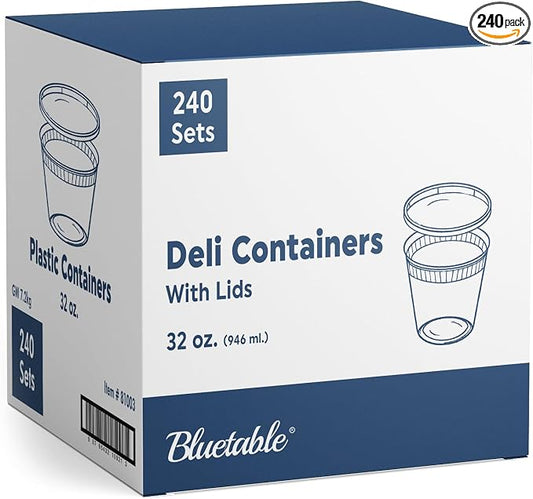 32 oz Deli Containers with Lids (240 Pack) Bulk – Plastic Quart Container with Lid Disposable 32oz freezer Soup & Food Storage Tall large Container 32 Ounce - Cups with Cover [240 Sets Case/Pack] by Bluetable