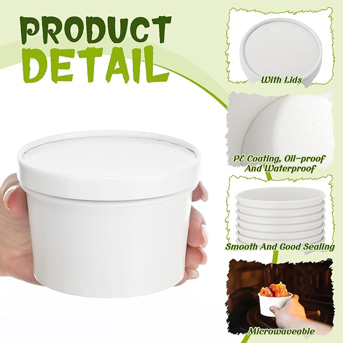 Fulmoon 100 Pack Paper Soup Containers with Lids Disposable Paper Food Containers with Vented Lid Kraft Ice Cream Cake Dessert Cups Soup Bowl for Party Hot Food Fruit Microwave(6 oz,White) - Image 3