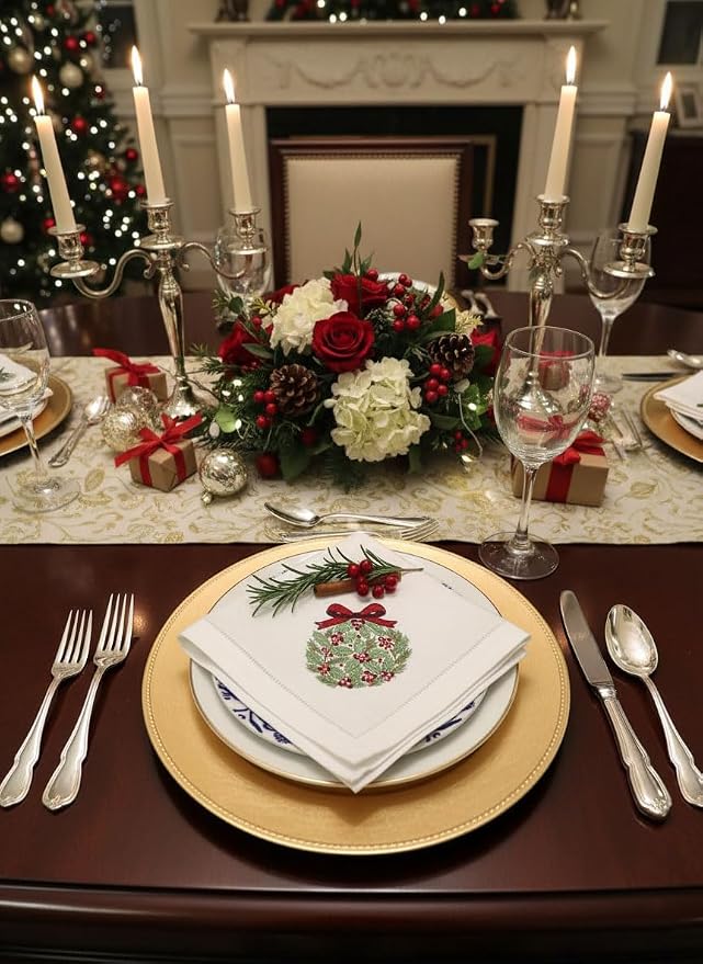 Embroidered Cloth Napkin Pine Christmas Wreath Cotton Napkins Set of 6, 20 x 20 Hemstitch Table Napkins, Machine Washable, for Daily & Holiday Dining, Great Gift Ideas - Image 9