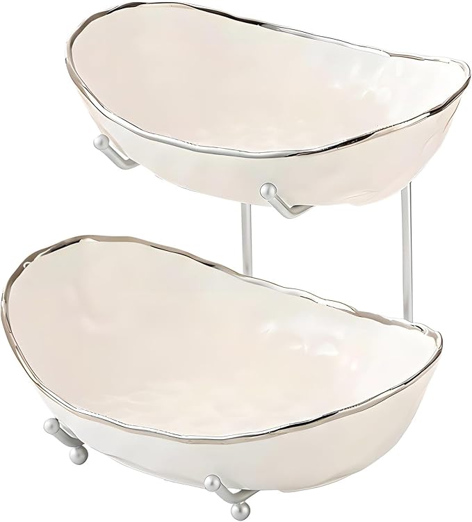White Fruit Bowl with Silver Metal Stand, 2 Tier Modern Ceramic Fruit Bowl Fruit Rack for Kitchen Counter, Tiered Fruit Basket for Snacks Bread Candy Storage (White B,2 Tier) by MEIGLQEA