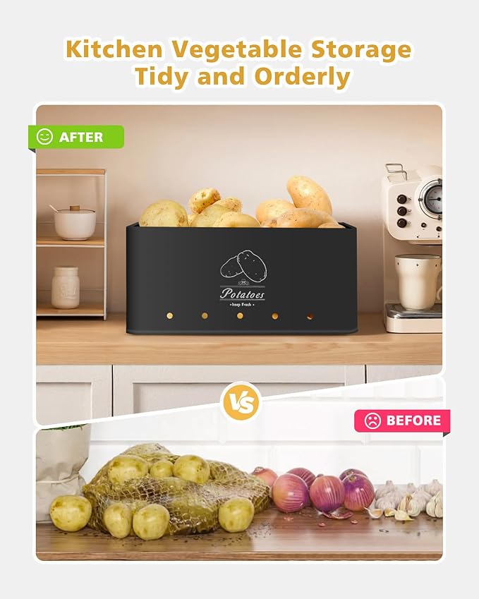 Kitchen Vegetable Storage Set of 3, Sturdy and Durable Storage Basket for Potato, Onion, Garlic, Fruit,Aerating Holes and Wooden Lid (black) - Image 5
