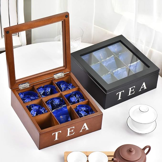 Wood Tea Storage Box, Teabag Storing 9 Compartments Wooden Tea Box Hinged Glass Lid Tea Organizer-Black - Image 7