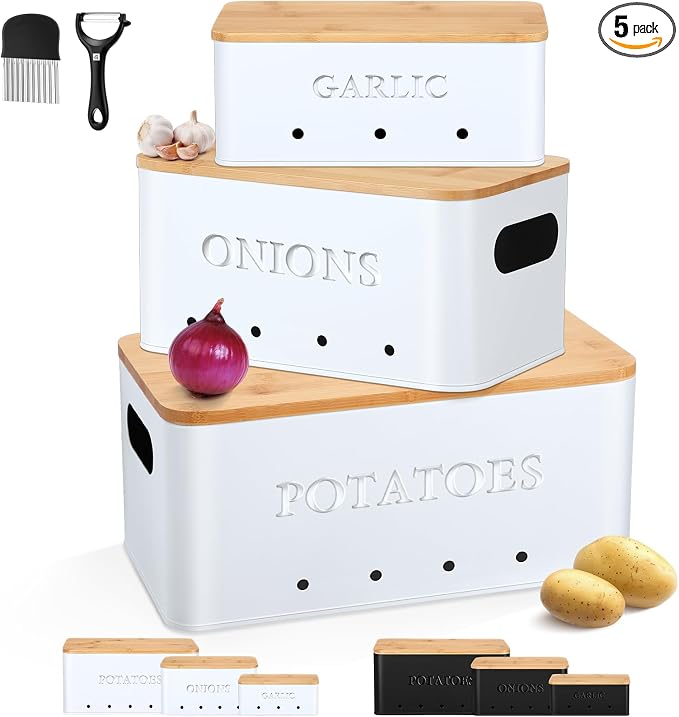 Honeydak 3 PCS White Potato Onion Garlic Storage Bins Set, Metal Vegetable Keeper Containers with Lids Aerating Holes for Kitchen Counter Pantry Keep Fresh Longer Farmhouse for Sweet-potato Fruit by Honeydak
