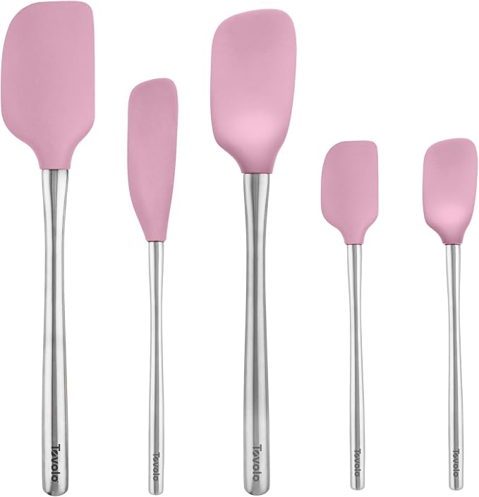 Tovolo Stainless Steel Handled Silicone Spatula Set of 5 Pink Sorbet, Dishwasher Safe Kitchen Spatula Set for Cooking Baking, Non Toxic BPA Free Silicone Spatula set with Metal Steel Handle by Tovolo
