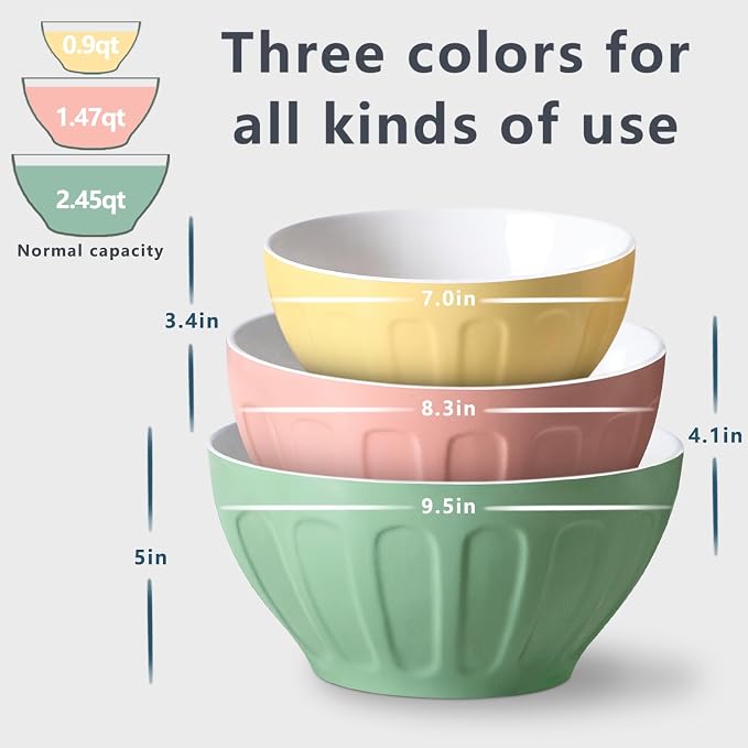 Lareina Ceramic Mixing Bowls Set of 3, Large Nesting Bowls for Serving/Baking/Prepping, Housewarming & Wedding Gift, Oven, Microwave and Dishwasher Safe 3.2/1.7/1.2 Qt, Pastel Color - Image 2