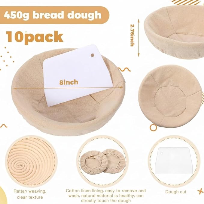 Patelai 10Pcs Banneton Bread Proofing Basket Banneton Baskets Bulk,8 Inch | Round Sourdough Proofing Basket with Liners and Scrapers for Home Making Bread Bakers Baking - Image 3