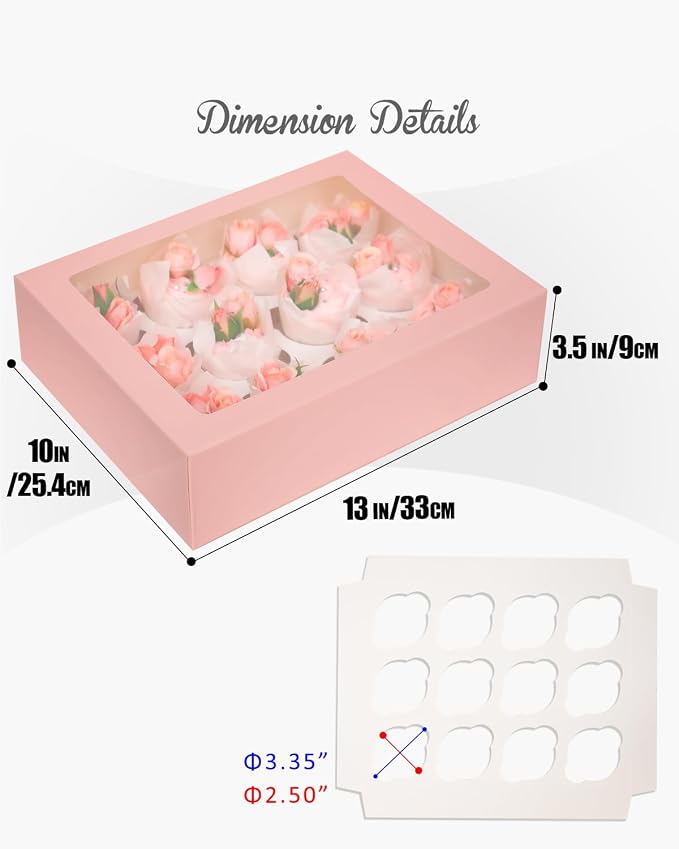 qiqee Auto-pop Up Cupcake Boxes with Window Pink 40PCS 12 Count Cupcake Box 13"x10"x3.5" Cupcakes Carrier, 12 Cupcake Containers with 2 rolls of pink ribbons - Image 5