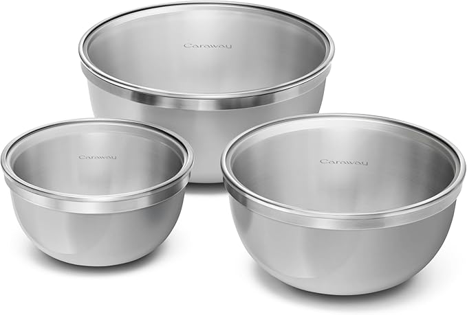 Caraway 6-Piece Stainless Steel Mixing Bowl Set with Glass Lids | 6 qt, 4 qt, 2 qt Kitchen Bowls with Tempered Glass Lids, Non-Toxic, PFAS-Free, Gray by Unknown