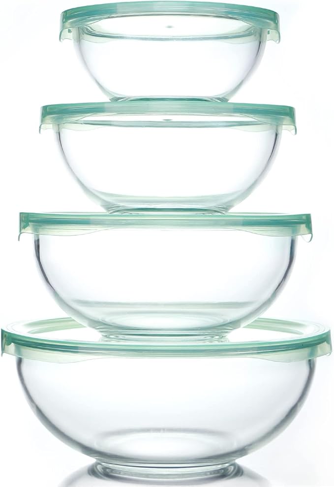 WhiteRhino Glass Mixing Bowl with Lids Set of 4,(1,1.5,2.5,3.7) Large Salad Bowl,Space-Saving Stacking Bowl for Kitchen Food Storage,Glass bowl for Cooking,Baking by WhiteRhino