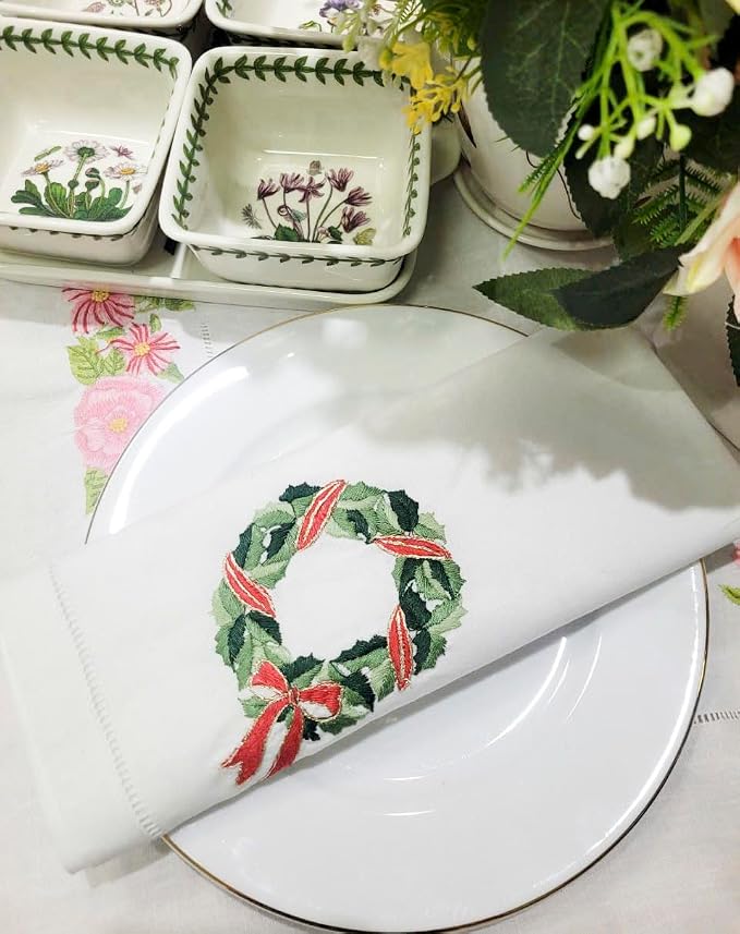 Embroidered Cotton Napkins Christmas 20x20 (Leaf Holly Wreath Christmas) - Image 2