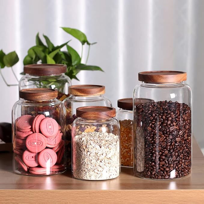 Large Glass Food Canisters, 93 FL OZ(2750ml) Kitchen Serving Stoarge Container with Airtight Wooden Lids, Cereal Dispenser Jars for Spaghetti Pasta, Powder, Spice, Tea, Coffee(8.8inch high) - Image 6