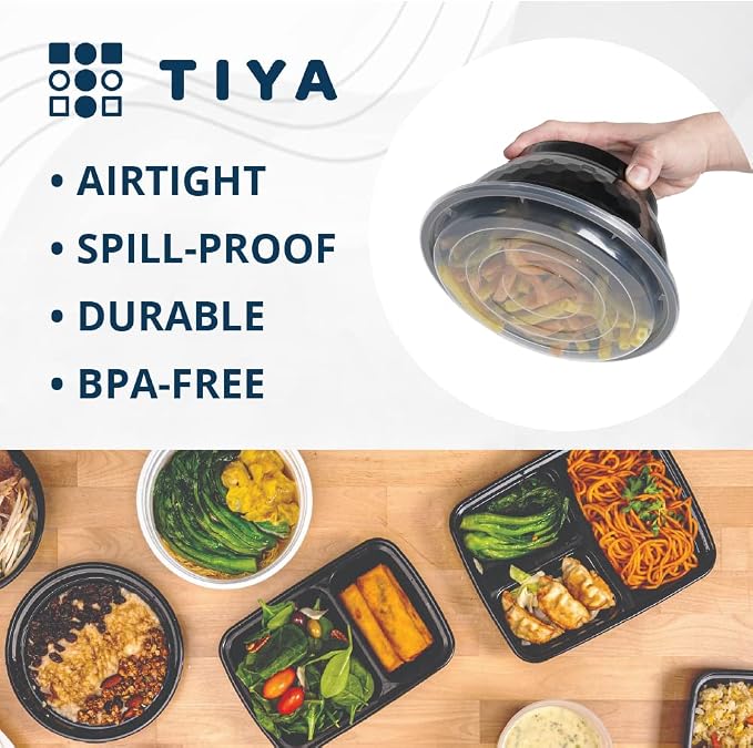 TIYA Food Bowls - 36 oz Bulk 120 Pack with Lids - Black Plastic To-Go Containers - Reusable, Microwavable, Dishwasher Safe - Leak-Resistant for Soups & Meal Prep - BPA-Free - Image 2