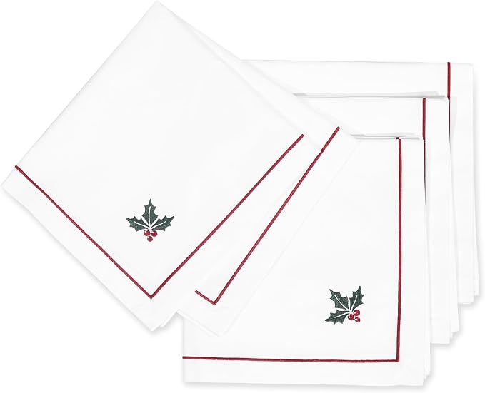 Hofdeco Premium Classic Christmas Holiday Cotton Cloth Napkins Set of 4, Washable Dinner for Christmas, Events, Parties, Embroidered Holly Red Green, 20"x20" by HofdecoPremium