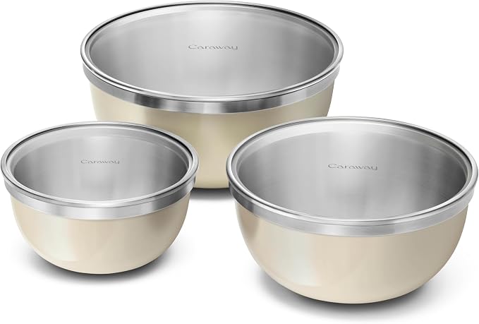 Caraway 6-Piece Stainless Steel Mixing Bowl Set with Glass Lids | 6 qt, 4 qt, 2 qt Kitchen Bowls with Tempered Glass Lids, Non-Toxic, PFAS-Free, Cream by Unknown