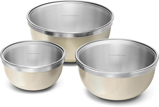 Caraway 6-Piece Stainless Steel Mixing Bowl Set with Glass Lids | 6 qt, 4 qt, 2 qt Kitchen Bowls with Tempered Glass Lids, Non-Toxic, PFAS-Free, Cream by Unknown