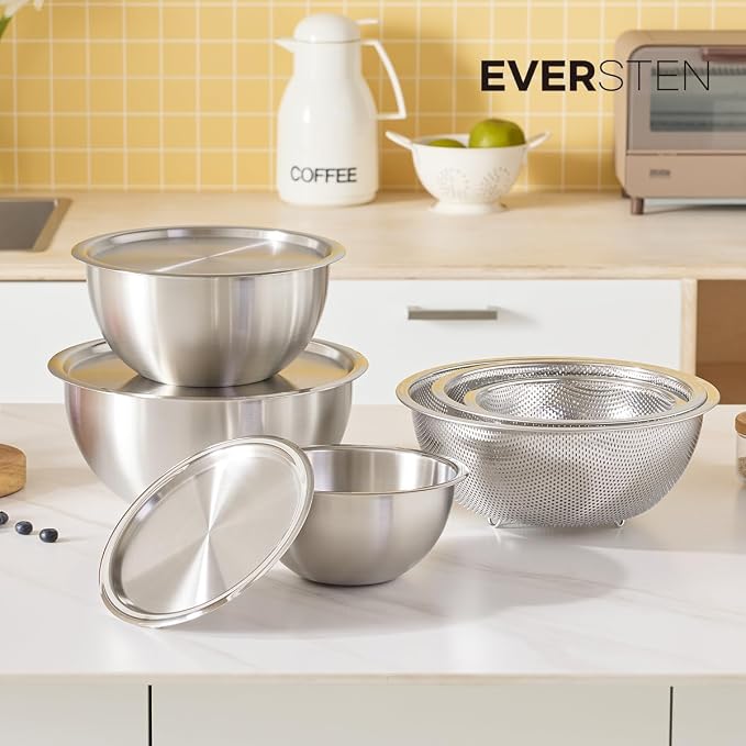Mixing Bowl + Colander Stainless Steel Food Storage Containers with Lids Set 3 Bowls 3 Lids 3 Colanders Kitchen Appliances Dishwasher Safe Premium South Korea - Image 2
