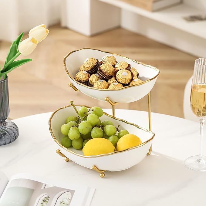 2-Tier Fruit Bowls for Kitchen Counter,Ceramic White Bowl with Gold Metal Stand,2 Tier Fruit Basket for Fruit,Snack,Cake,Nuts,Dessert Space Saving Storage - Image 7