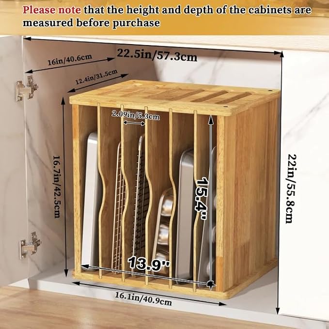 7 Tier Rubber Wooden Tray Dividers for Cabinets, Cookie Sheet Organizer | Heavy Weight, Premium Wood, Multiple Sizes, Saving Space, Vertical Tray Dividers for Storing pans, Baking tray, Cutting Board - Image 3
