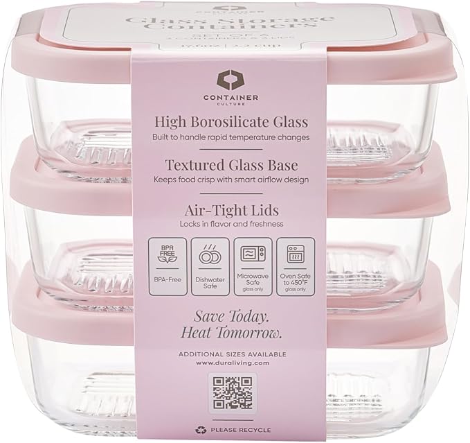 Glass Food Storage Containers with Lids — 6 Piece — 17.6 oz Glass with BPA-Free Leakproof Stackable Lids — Microwave, Oven & Dishwasher Safe — Ideal for Meal Prep & More - Berry Blush - Image 2
