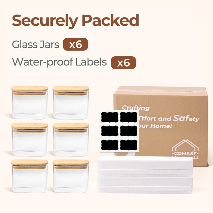 ComSaf Small Glass Containers With Lids 0.7 Qt, Set of 6 Glass Storage Jars | Rectangle Glass Pantry Storage Container, Kitchen Canisters 25oz, Snack Station Organization, Size For Subpackage, BPA Free - Image 8