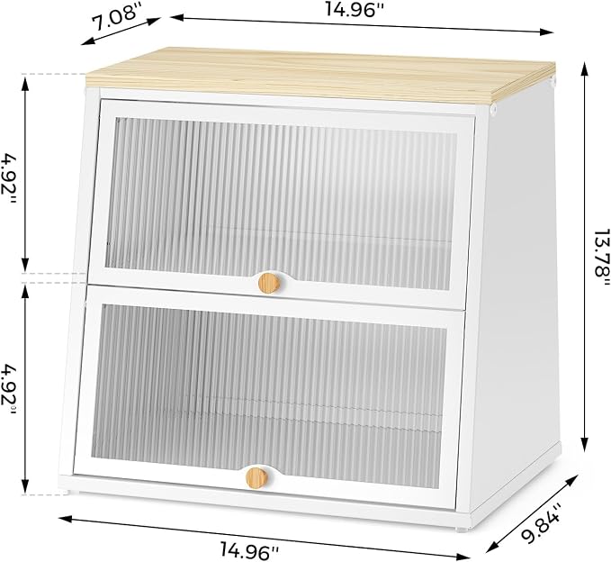 Urackify Bread Box for Kitchen Countertop – 2-Tier Bread Storage Container, Metal Breadbox with Acrylic Wavy Door, Wood Top, Magnetic Seal, Anti-Slip Base, 14.96x9.84x13.78 inch, White - Image 9