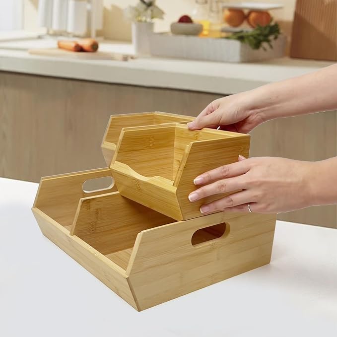 MinBoo Bamboo Stackable Pantry Storage Bins Potato and Onion Storage,Fruit Basket for Pantry Organization,Fruit Bowl for Kitchen Counter,Fruit and Vegetable Storage (Bamboo) - Image 3