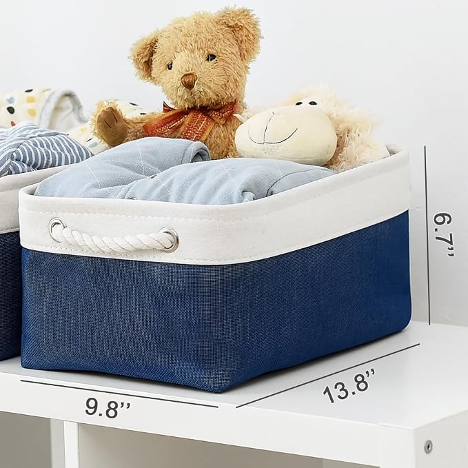 Storage Basket for Organizing - Medium 3 Pack 14x10x7 inch Fabric Storage Cubes for Shelves with Rope, Collapsible Storage Bin for Organizer Closet Cloth Gift Toy (White & Jean Blue) - Image 5