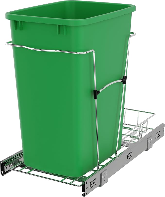 Rev-A-Shelf Pullout Trash Can for Kitchen Cabinets 35 Qt Garbage Waste Recycling Bin with Full Extension Slides, Green, RV-12KD-19C-S by Rev-A-Shelf